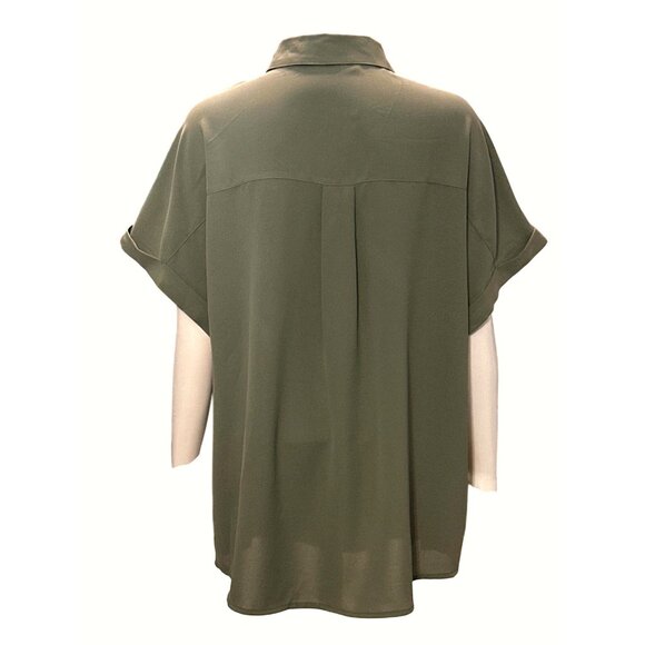 CCC Army Green Chic Henley Short Sleeve Button Up Lapel Shirt All Polyester XLGE - Picture 4 of 10